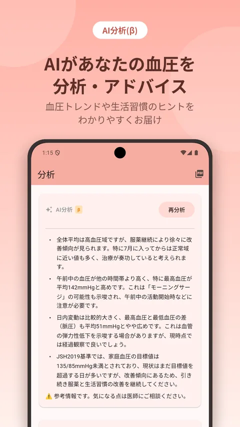 AIが血圧を分析してアドバイスする画面